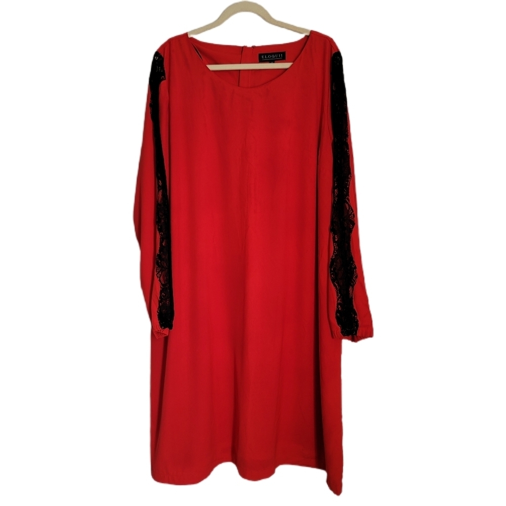 Eloquii Dress Size 22 Long Sleeve Scoop Neck Red Black Lace